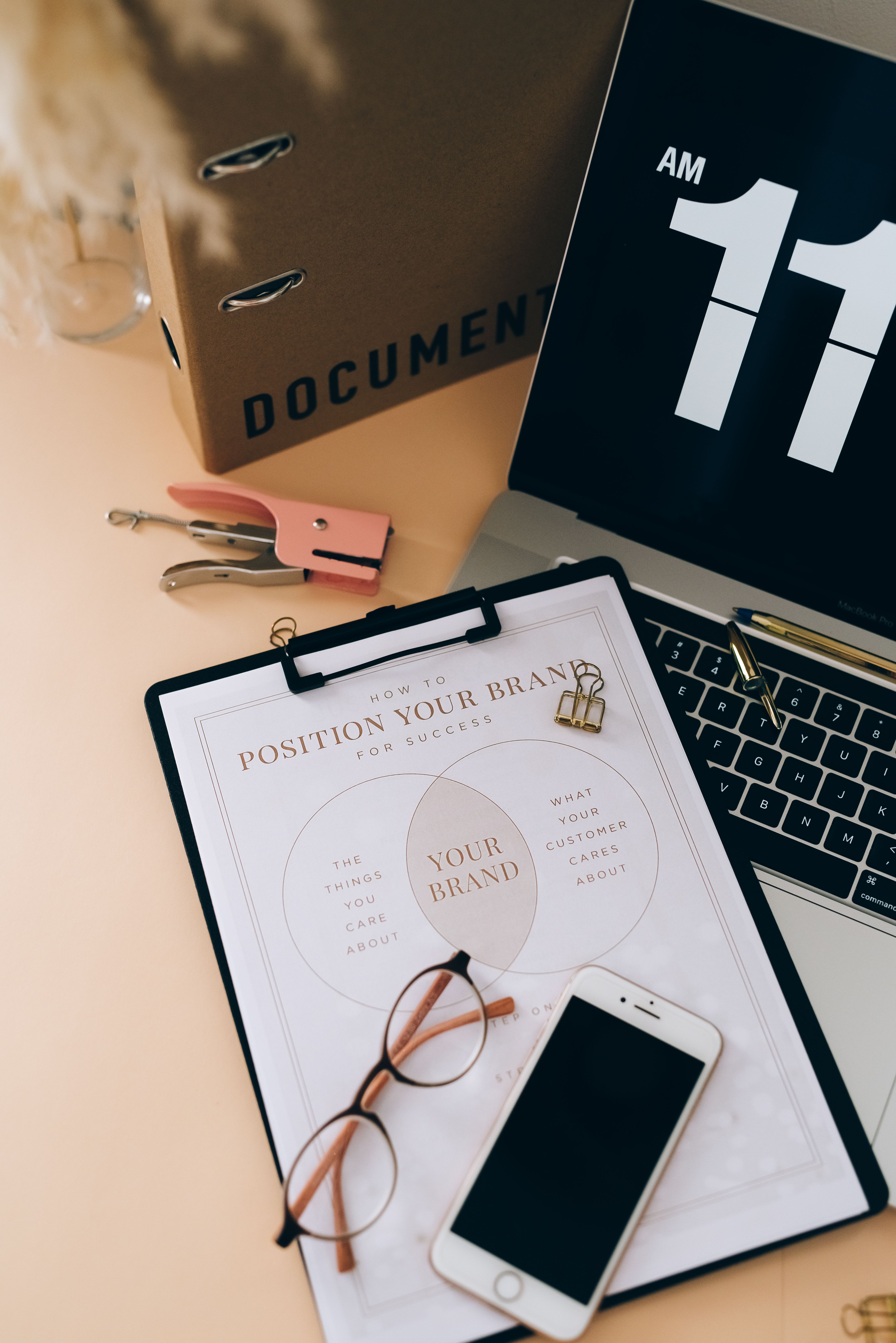 A flat lay showing a brand strategy document alongside a laptop and business materials, representing the structured assessment of brand consistency across every touchpoint.