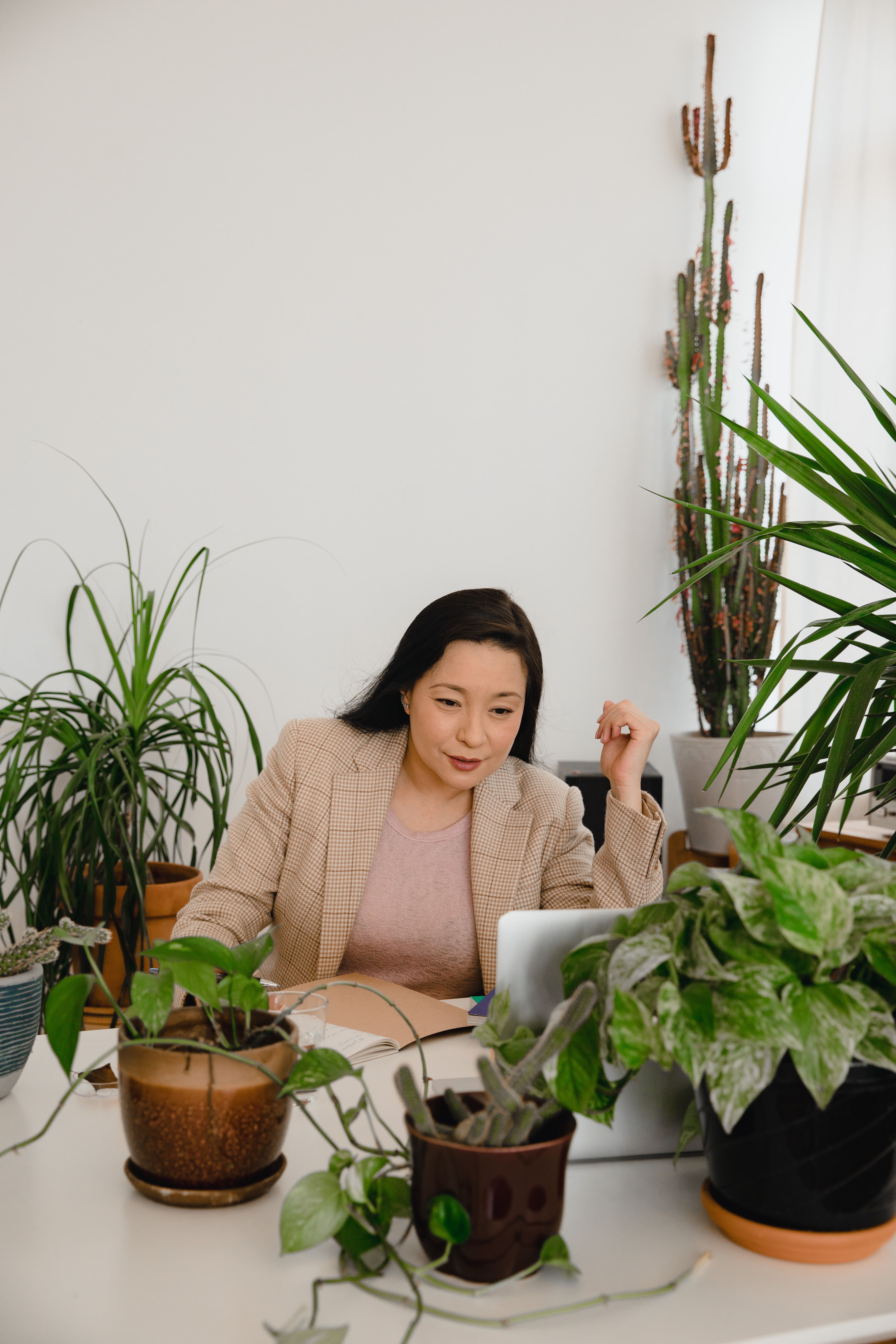 An established service provider at her desk with a calm forward-looking expression, representing the settled confidence of a business owner who knows exactly where their brand stands and can build from that position deliberately.