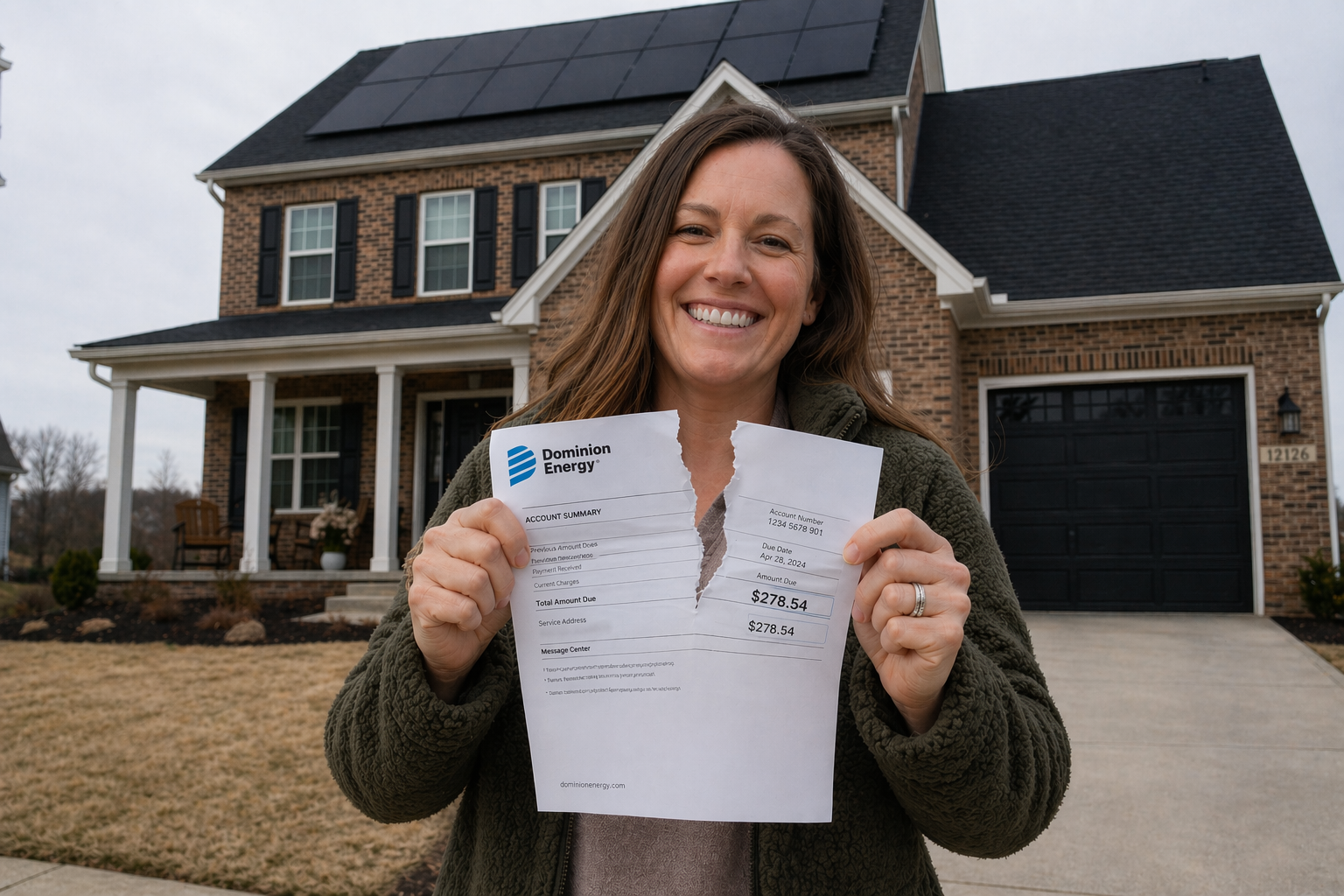 Homeowner tearing up a Dominion Energy utility bill in front of a home with rooftop solar panels