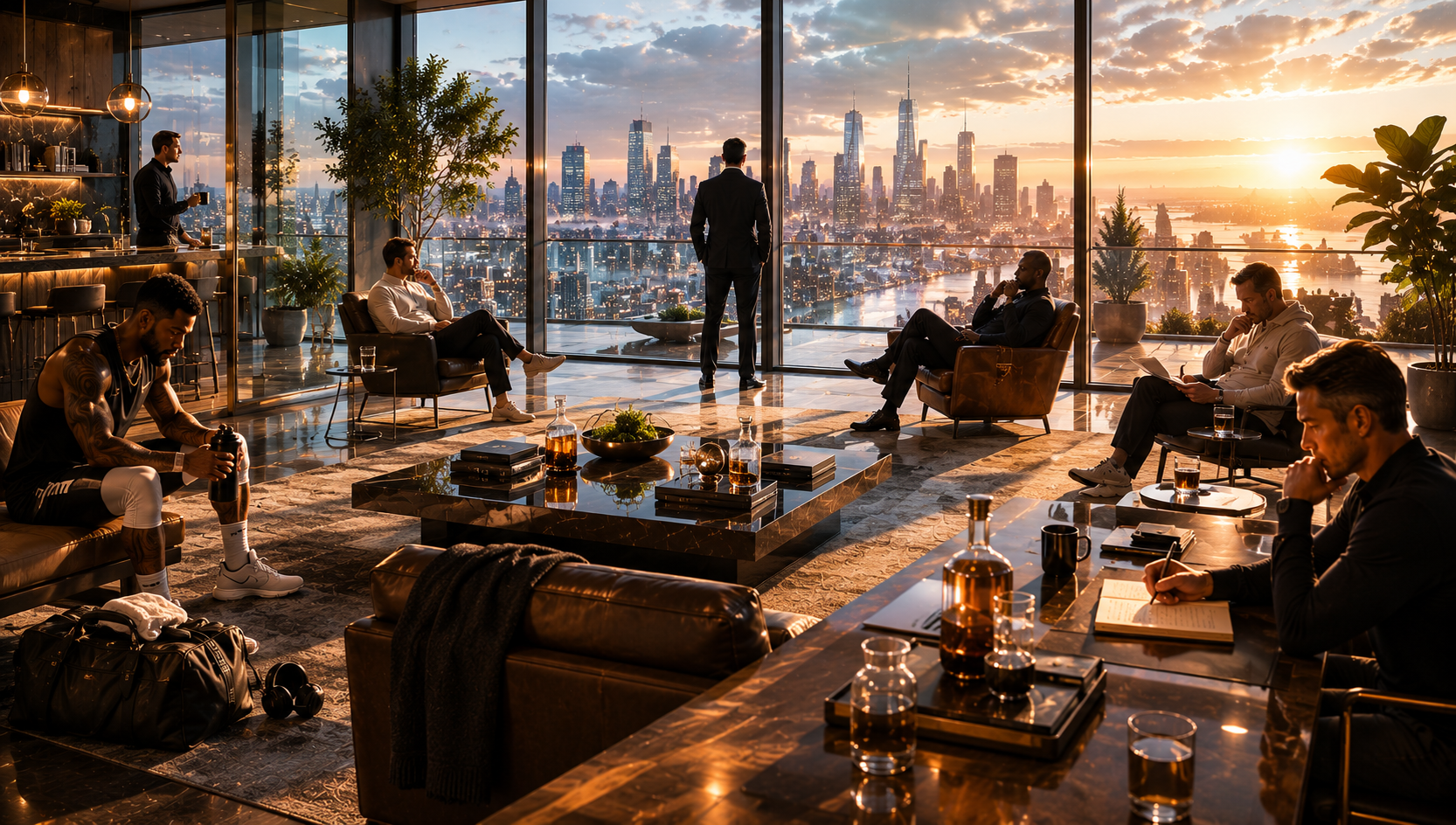 An ensemble of elite men in sharp suits and athletic build, dramatically lit