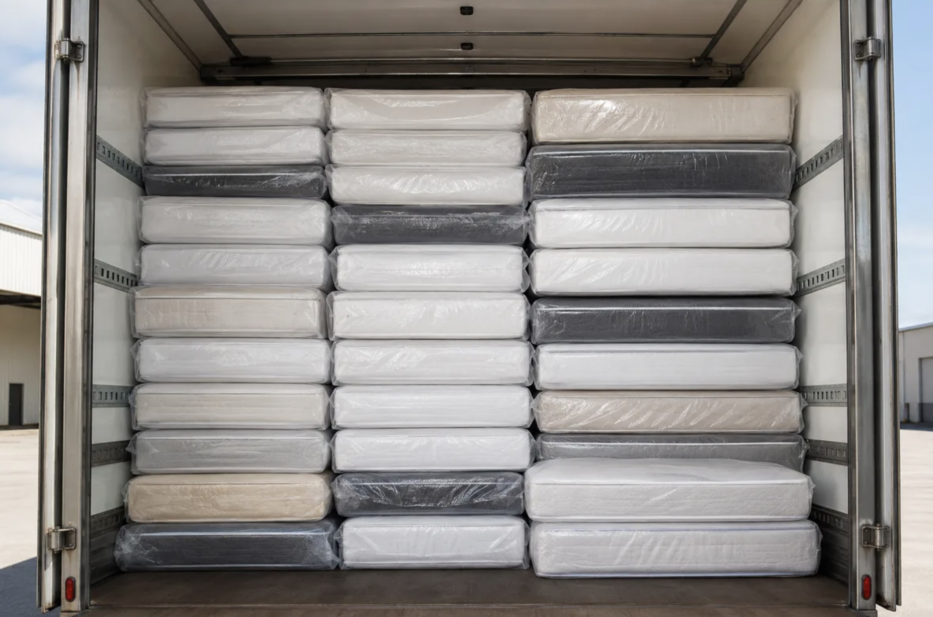 Stacked mattresses in warehouse