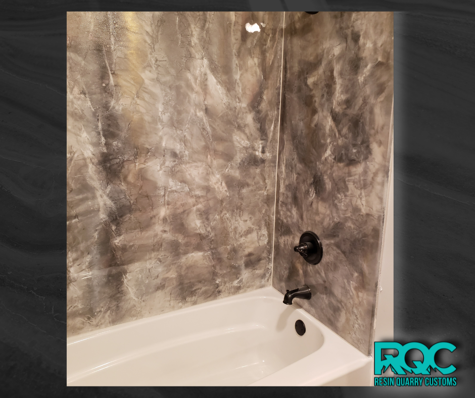 Custom resin shower wall panel with seamless gray marble finish, Floyds Knobs Indiana