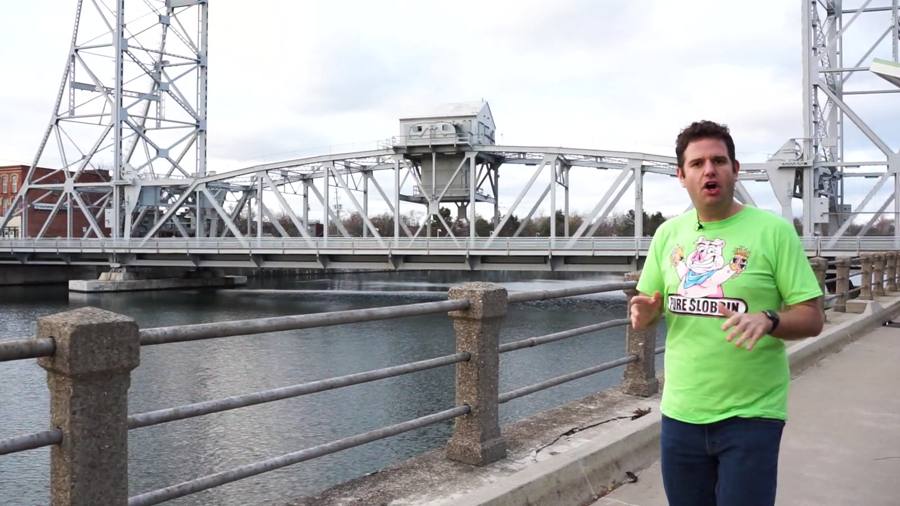 Joe by the Welland bridge in a green Pure Slobbin' shirt
