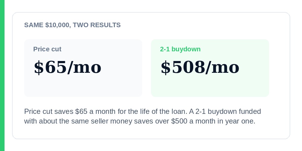 Price cut saves $65 a month versus a 2-1 buydown saving $508 a month in year one, same $10,000 seller cost