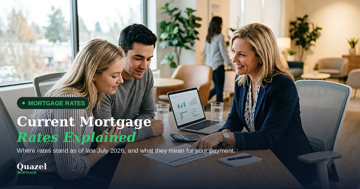 Loan officer walking a couple through a mortgage rate sheet at her desk Loan officer walking a couple through a mortgage rate sheet at her desk