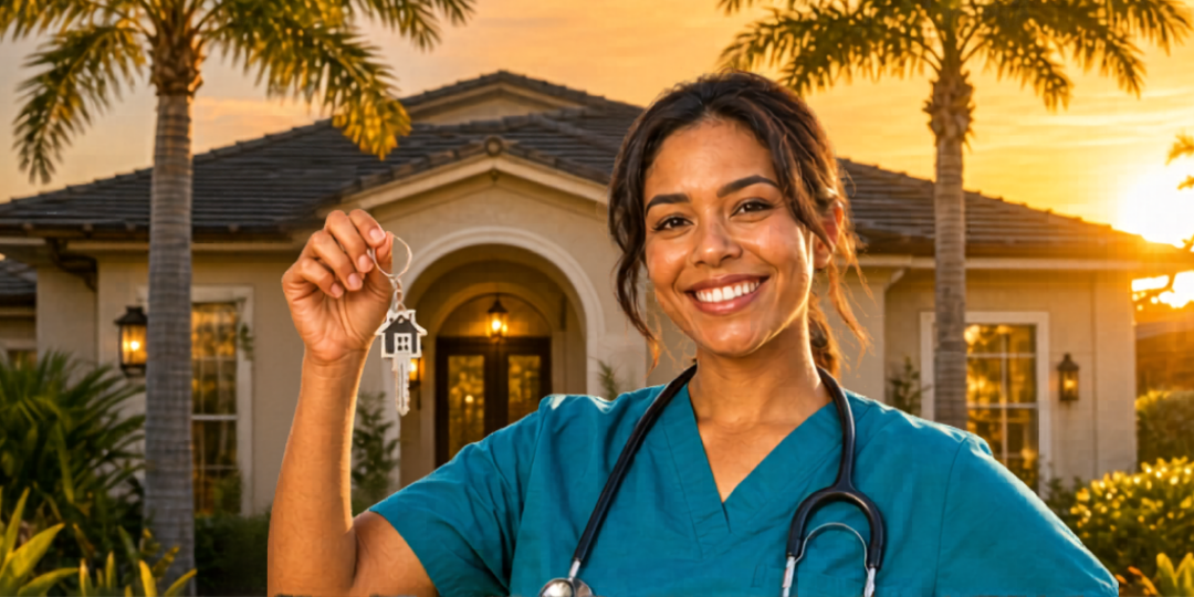 Nurse in teal scrubs holding house keys in front of a Florida home with palm trees
