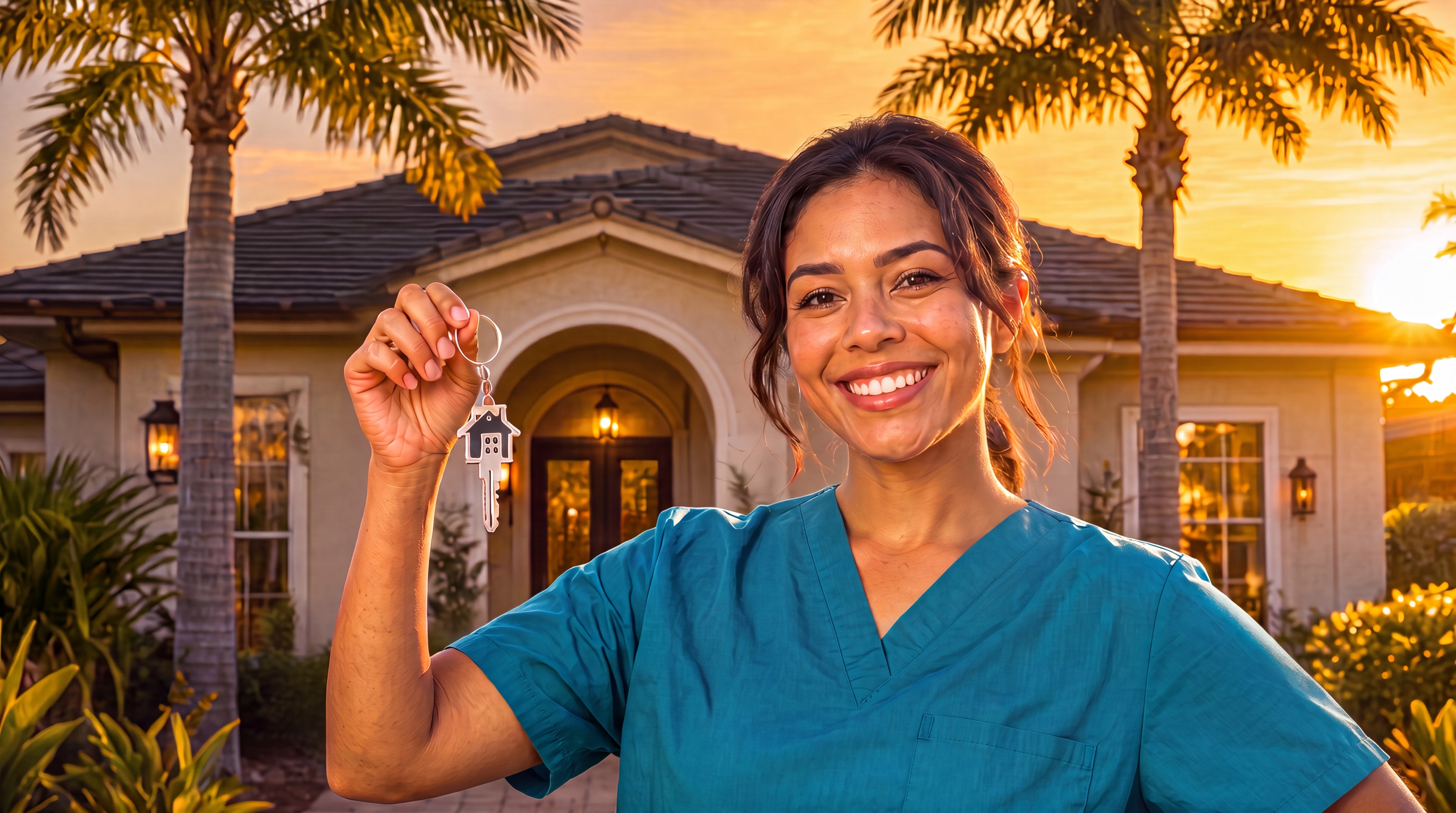 Nurse in teal scrubs holding house keys in front of a Florida home with palm trees
