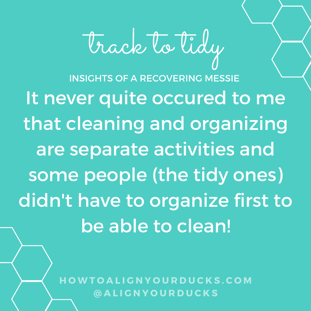 It never occurred to me that cleaning and organizing are separate activities and some people (the tidy ones) didn't have to organize first to be able to clean. It never occurred to me that cleaning and organizing are separate activities and some people (the tidy ones) didn't have to organize first to be able to clean.
