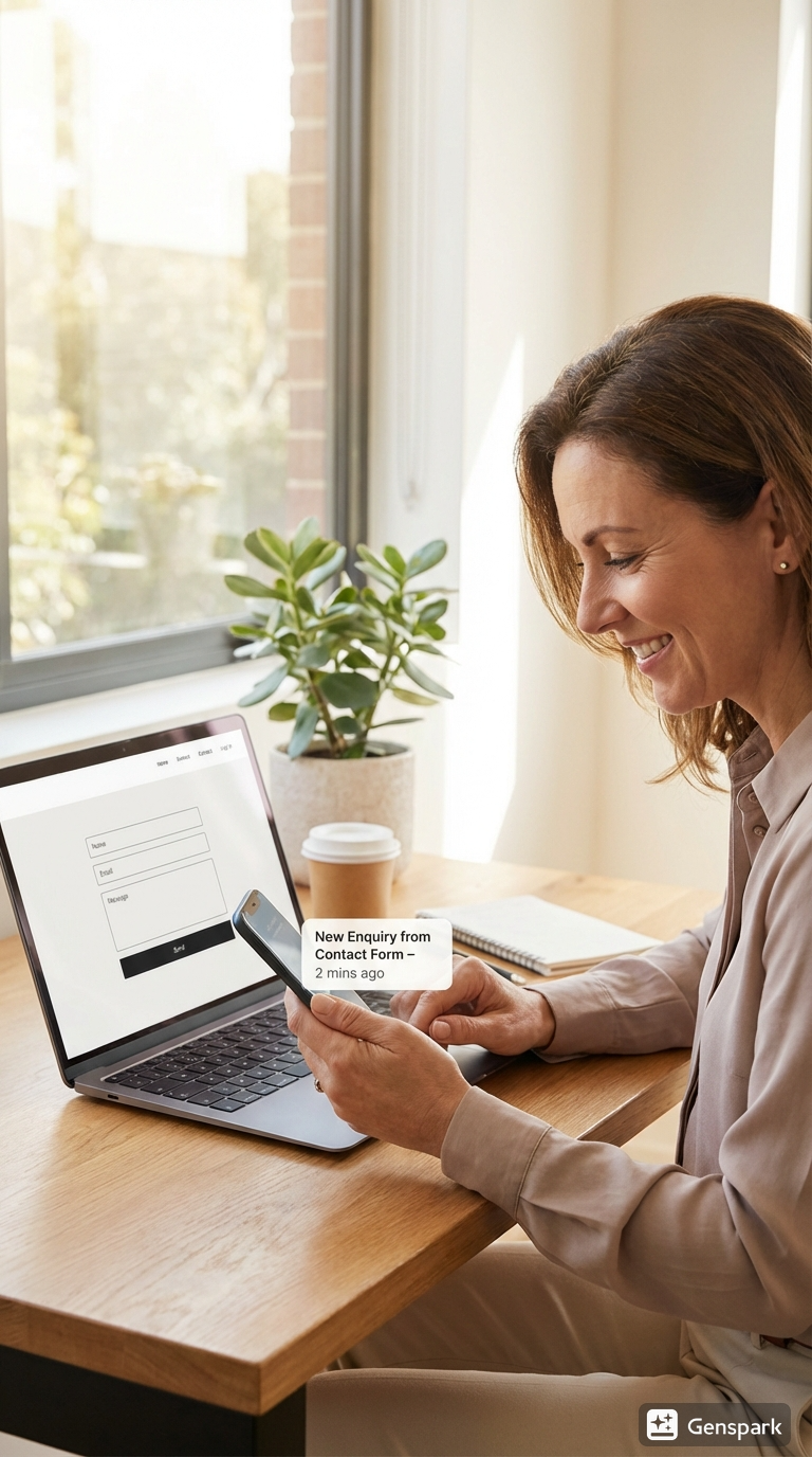 Successful business owner enjoying passive lead generation and automated customer follow-up while her website captures and nurtures new enquiries.