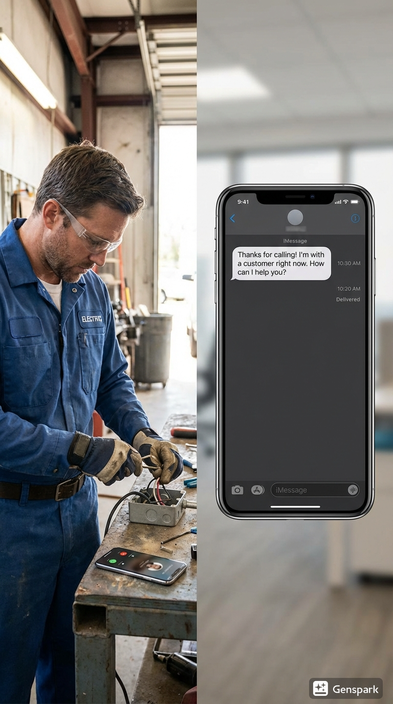 Split screen showing a busy tradesperson unable to answer a ringing phone while an AI chatbot simultaneously engages the customer on his website to capture the lead.
