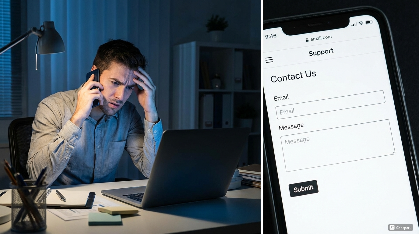 Frustrated customer trying to call a business after hours but struggling with an unhelpful contact page and unanswered questions in the evening.