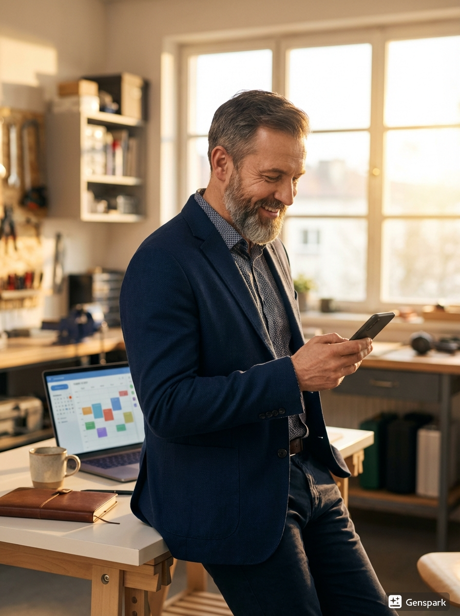 Happy entrepreneur checking his mobile phone to see high-quality business leads and inquiries captured 24/7 by his professional AI website assistant.
