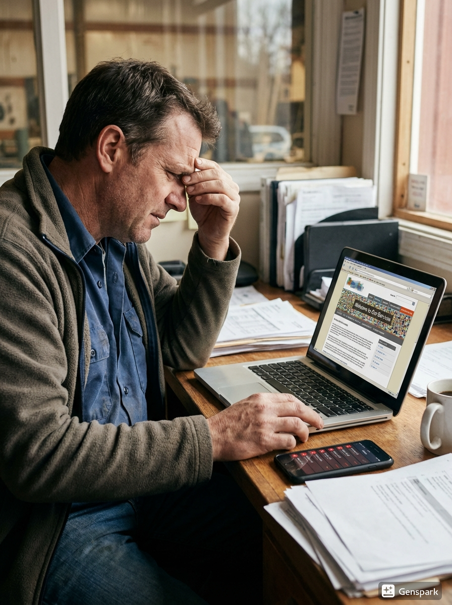 Frustrated trade business owner with an outdated, unprofessional website that is hard to use on mobile and lacks clear contact buttons.