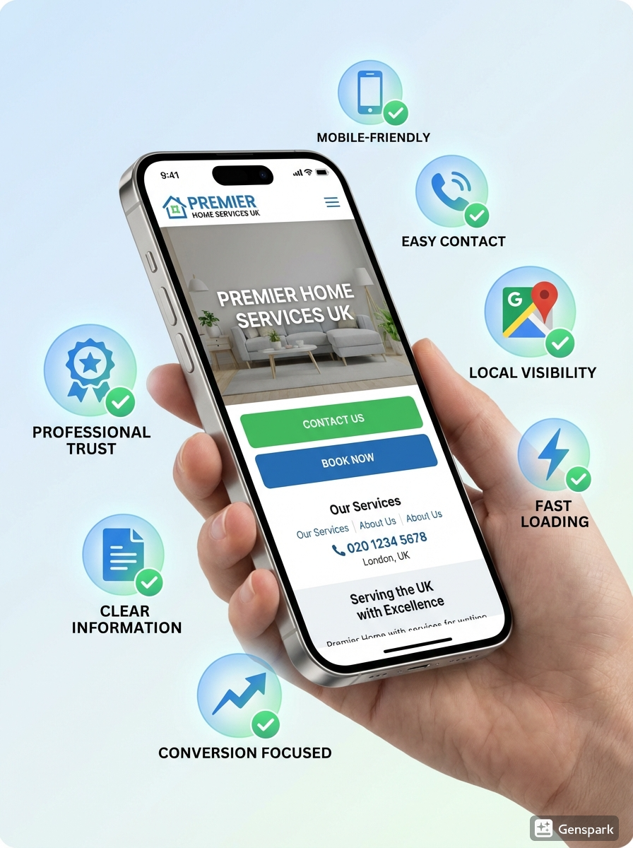 Professional mobile-friendly website designed for local SEO with fast loading times, clear service information, and easy contact buttons to convert visitors into leads.