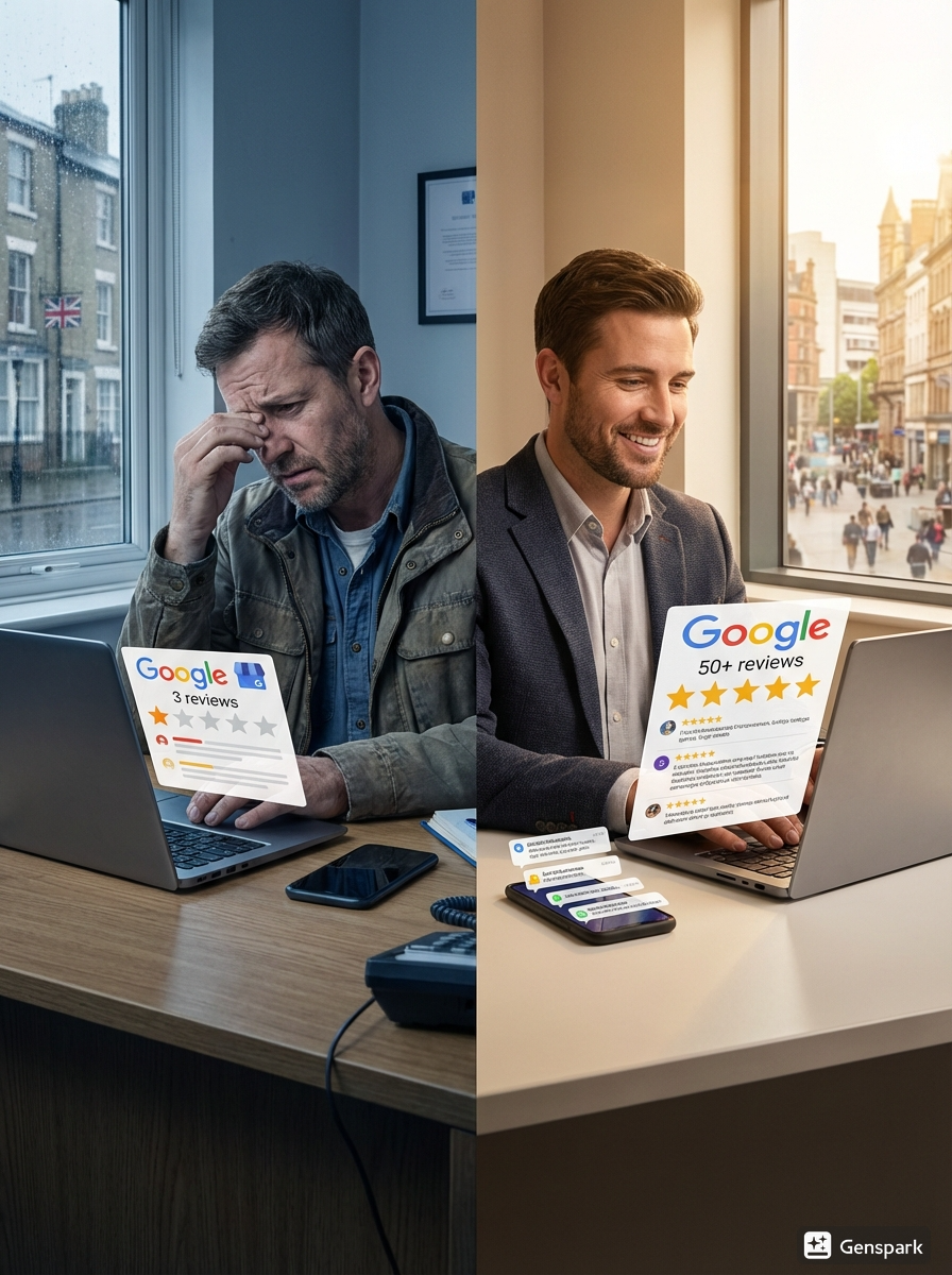 Split screen comparing a business owner struggling with few Google reviews and competitor competition versus a successful entrepreneur using an automated reputation management system to gain 5-star ratings.