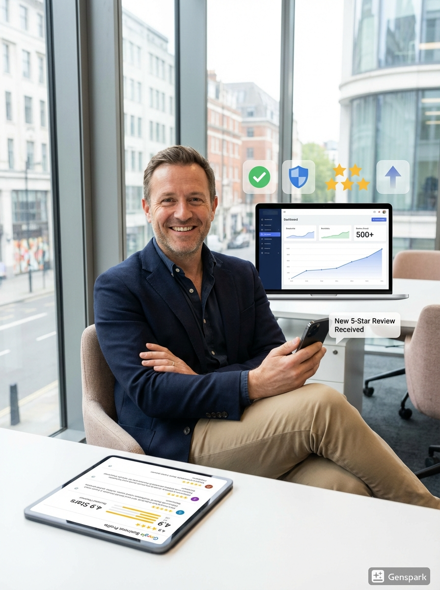 Successful business owner displaying 5-star Google reviews on an iPad with a background chart showing increased revenue and higher local SEO rankings thanks to automated reputation management.
