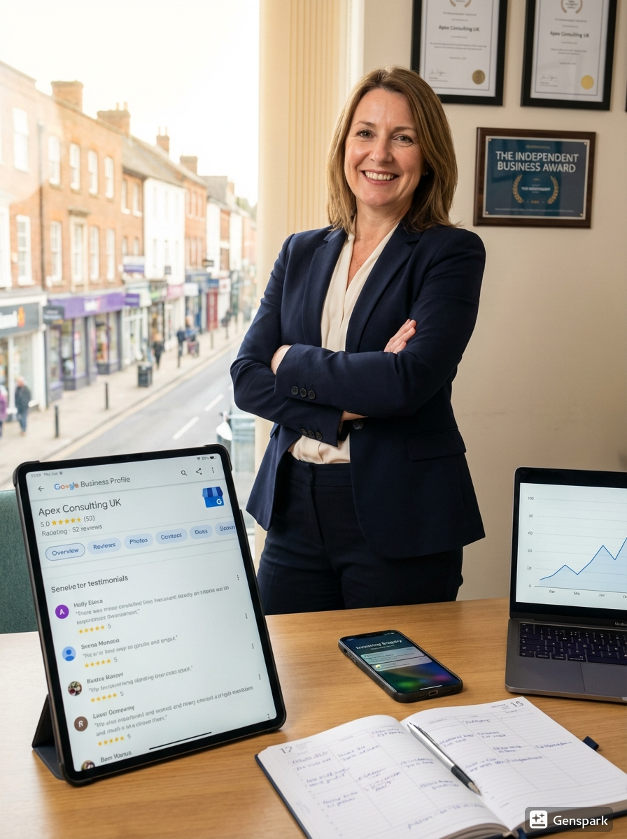 A confident business owner displaying her iPad filled with 5-star Google reviews, showcasing how high local search rankings and a strong online reputation lead to more bookings and increased revenue.