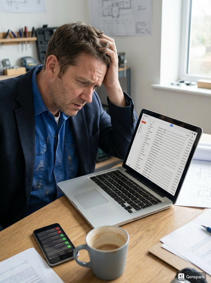 Overwhelmed entrepreneur struggling to manage a backlog of website inquiries, showing the stress of missed lead opportunities and customer messages falling through the cracks