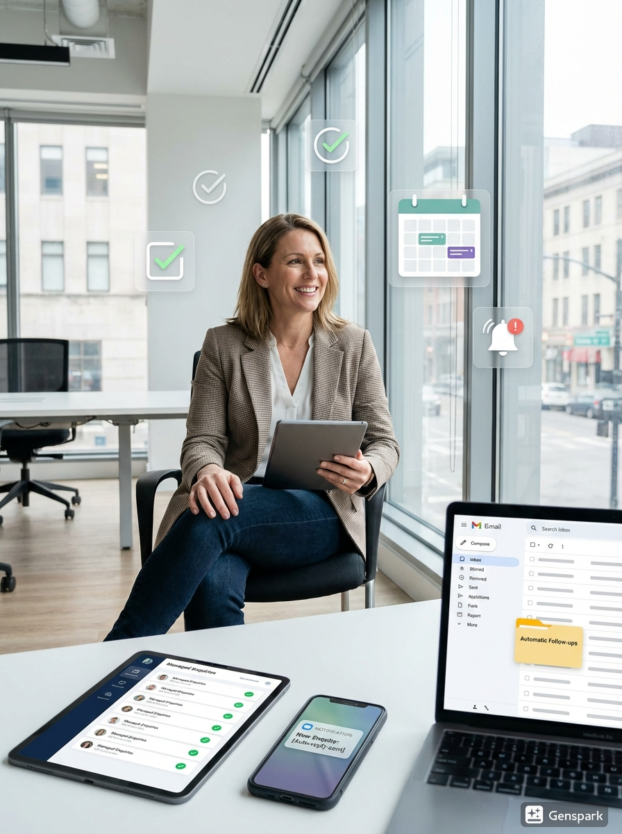 A relaxed business owner using an iPad to view a centralized dashboard of leads, all successfully contacted by an automatic follow-up system to increase bookings and revenue.