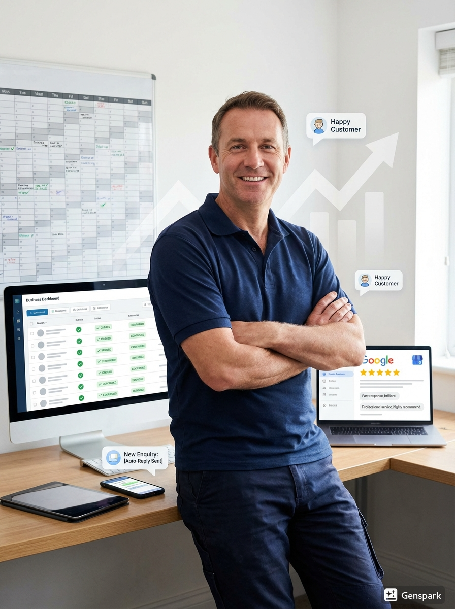 A happy entrepreneur displaying a monitor and iPad showing automated lead responses and 5-star Google reviews, illustrating how business automation scales revenue and growth without the need for extra hiring.
