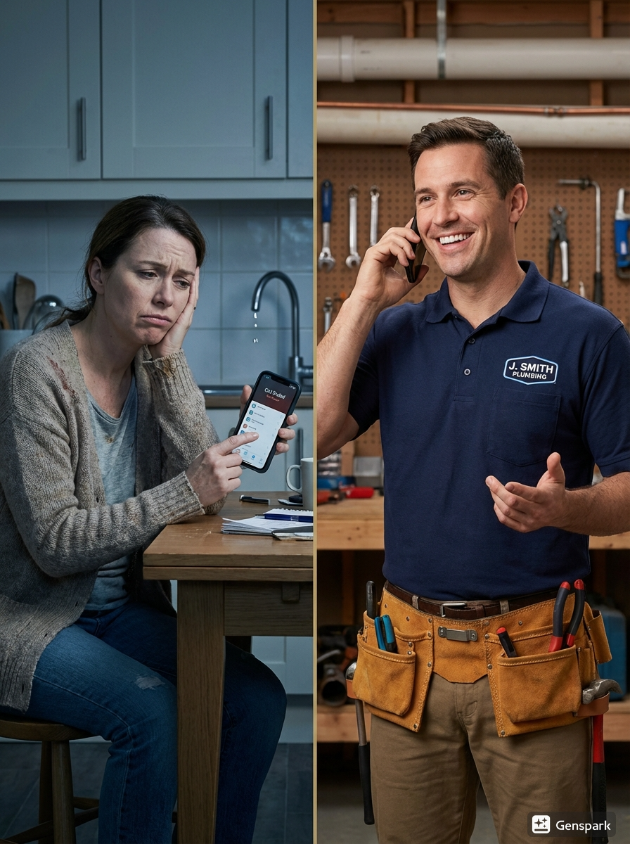 Split screen showing a frustrated customer unable to reach a business by phone next to a busy tradesperson unaware of the missed call while speaking to another client.