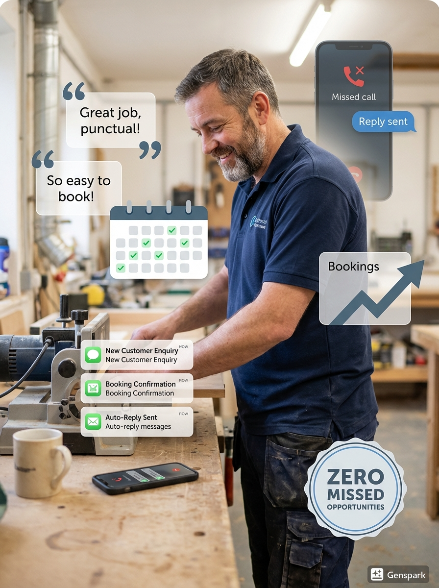 A happy tradesperson focusing on high-quality work while an automated missed call text back service ensures professional responsiveness, booking more jobs and reducing phone stress