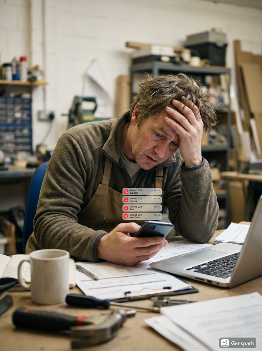 A stressed tradesperson looking at a long list of missed business calls, representing lost revenue and the risk of customers contacting competitors due to a lack of an AI voice receptionist.