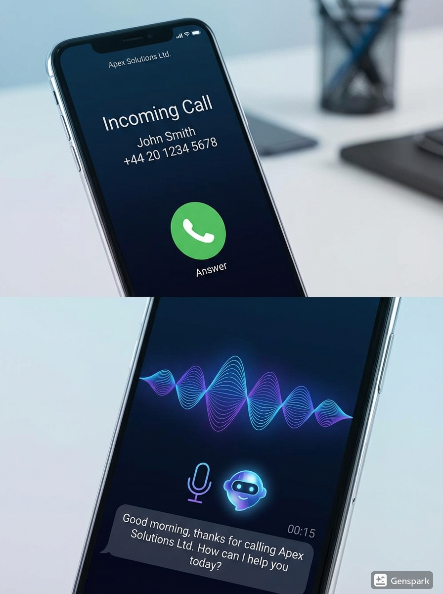 Split screen showing a customer calling a business and a 24/7 AI voice receptionist answering questions and booking a meeting in real-time.