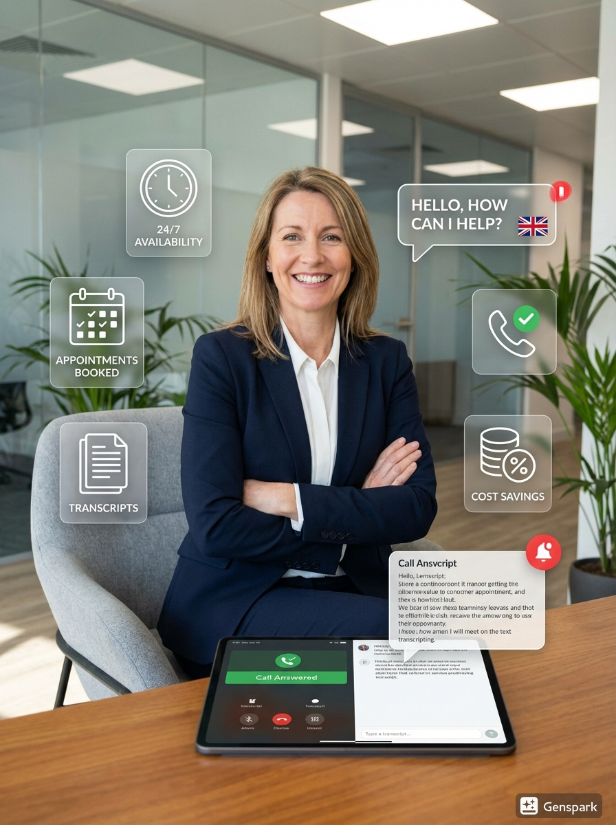 A happy business owner relaxed and confident because her 24/7 Voice AI receptionist is professionally answering calls, booking appointments, and capturing lead details at a fraction of the cost of a human employee