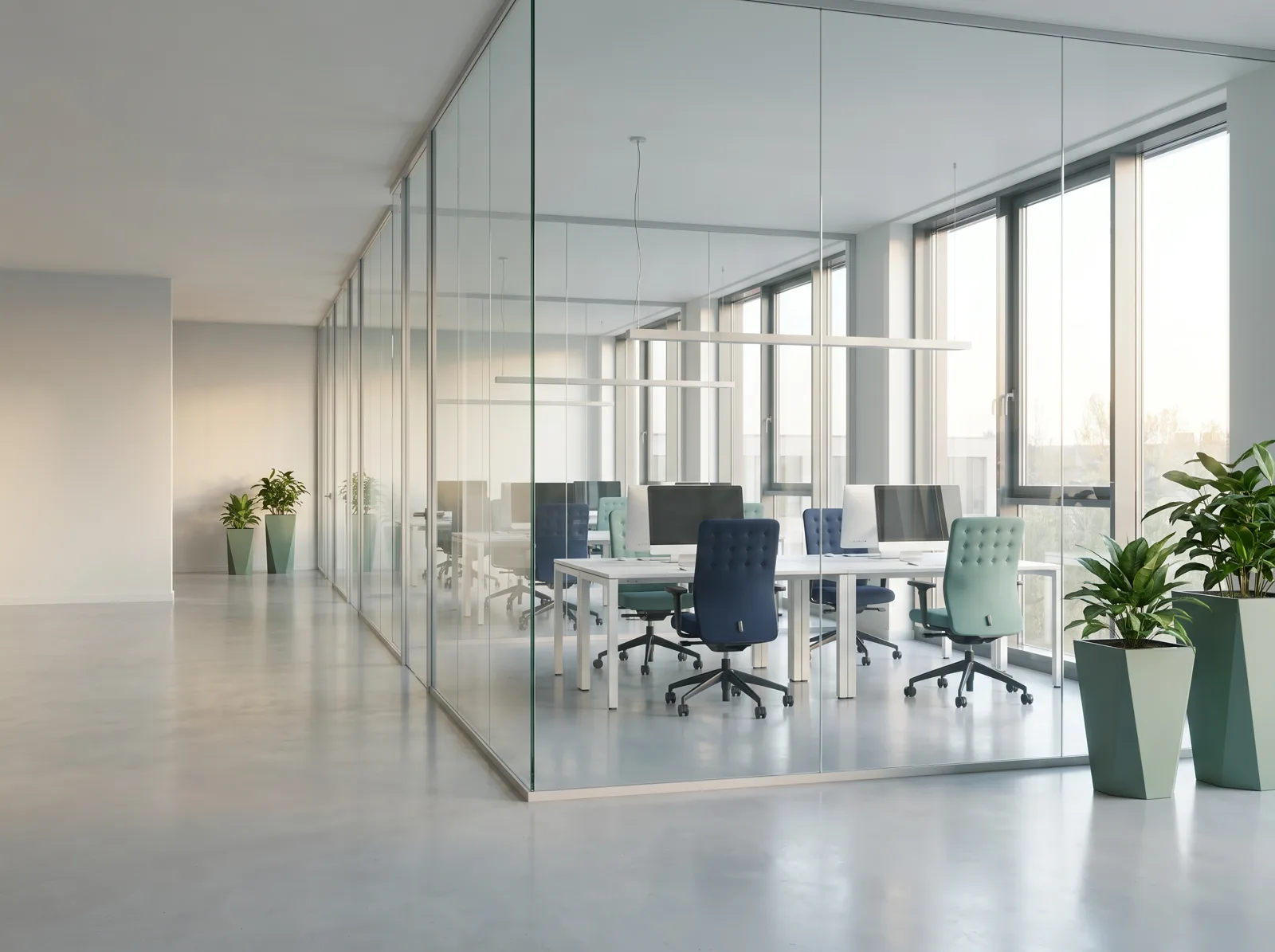 Frisch gereinigtes, modernes Büro mit Glaswänden und ordentlich ausgerichteten Stühlen