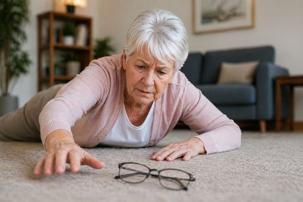 A senior lady that has fallen on the floor and is reaching for her glasses