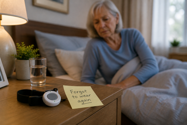 A senior lady waking up and not wearing her fall detection wearable