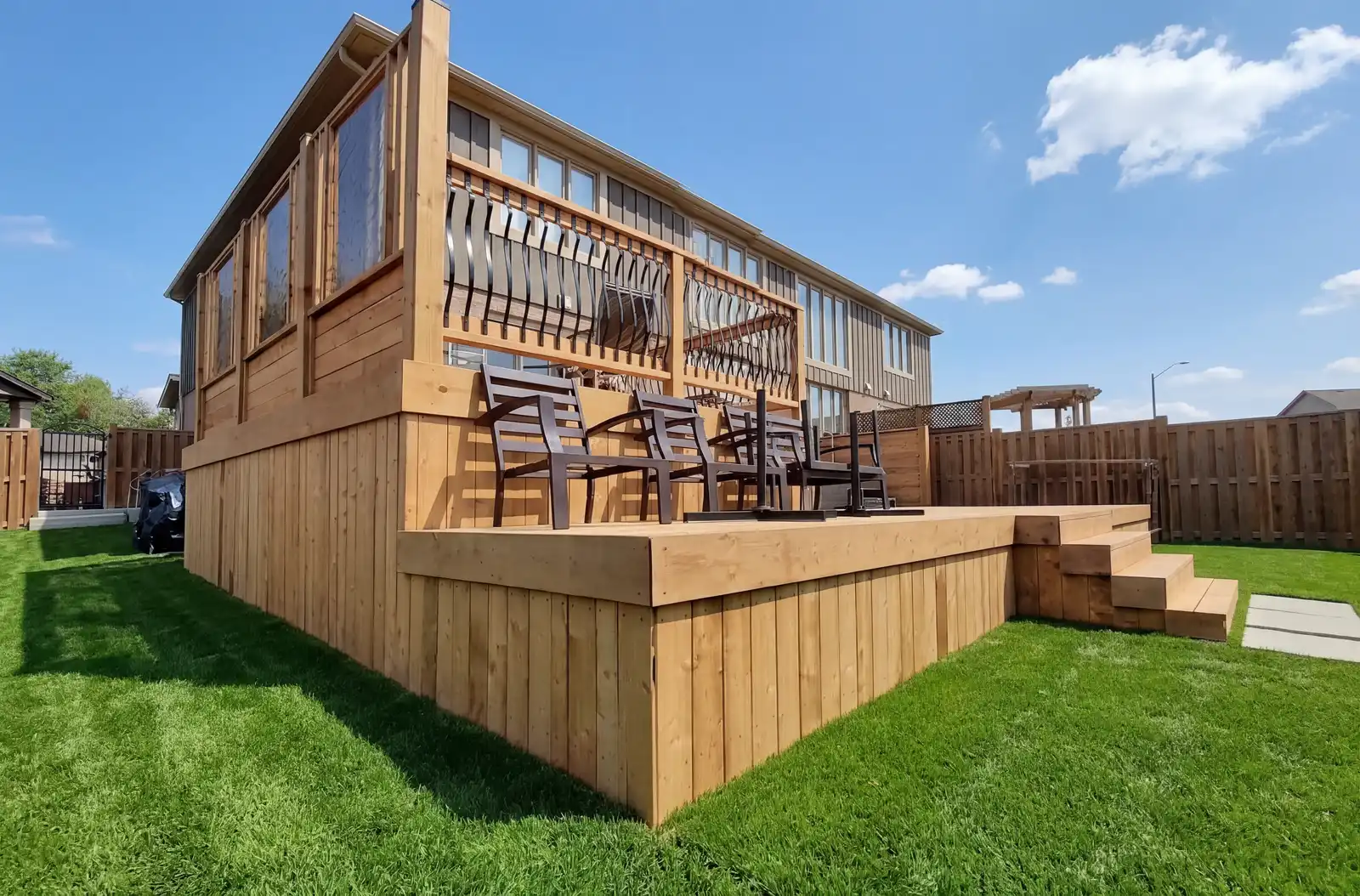 Multi-level deck supported by engineered screw piles