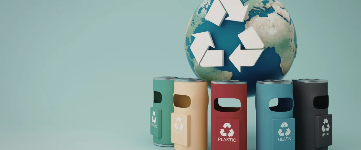 Recycling bins for plastic, glass, and metal with globe recycling symbol. Recycling bins for plastic, glass, and metal with globe recycling symbol.