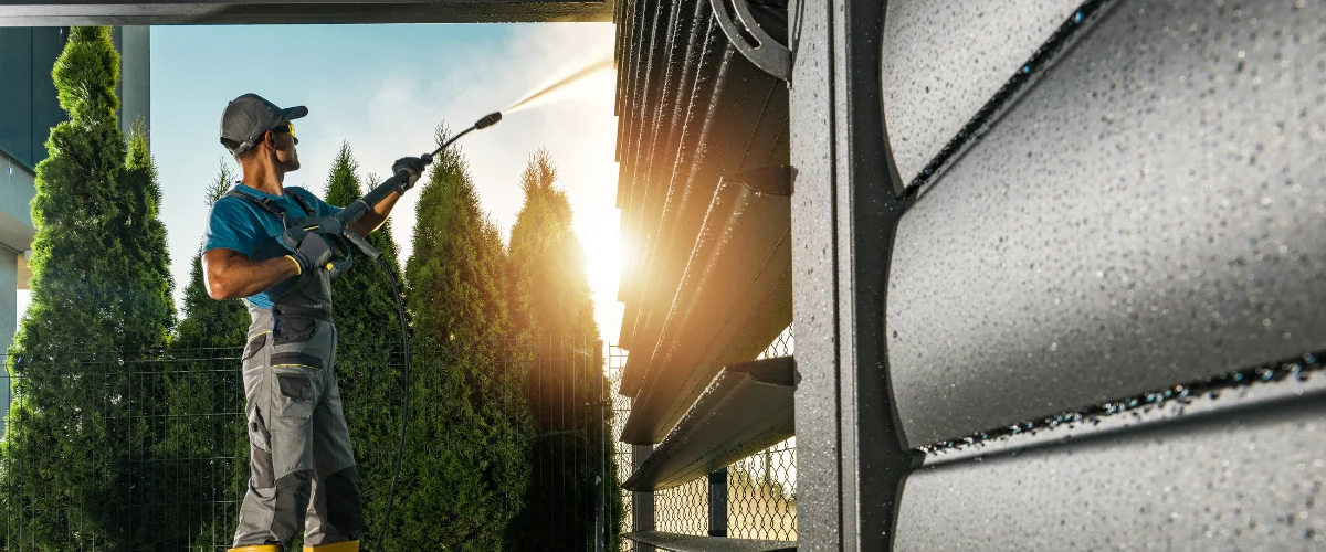 A man in overalls and a cap pressure washing the side of a garage door under a bright sun. A man in overalls and a cap pressure washing the side of a garage door under a bright sun.