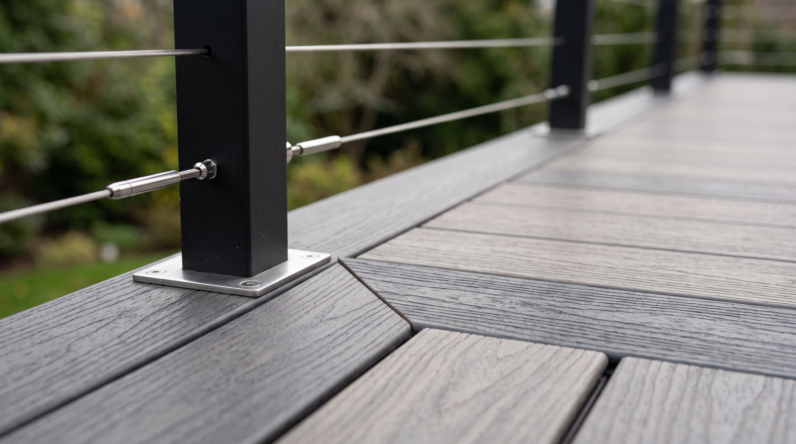 Composite deck at dusk with a pergola, string lights, a fire table and built-in seating