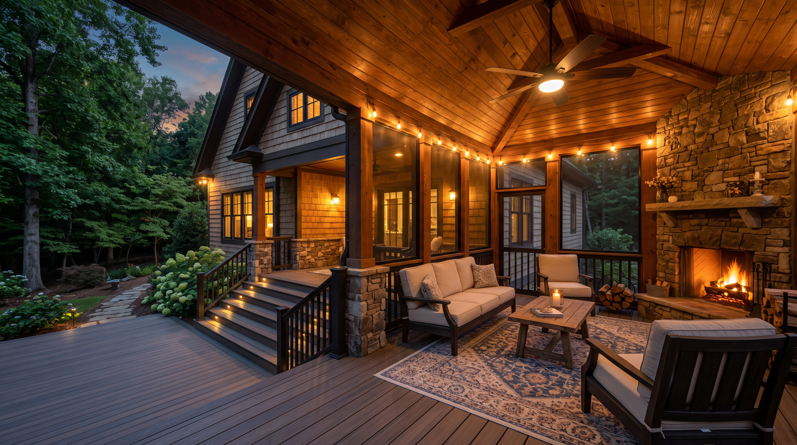 Covered porch at dusk with a stone fireplace overlooking the water
