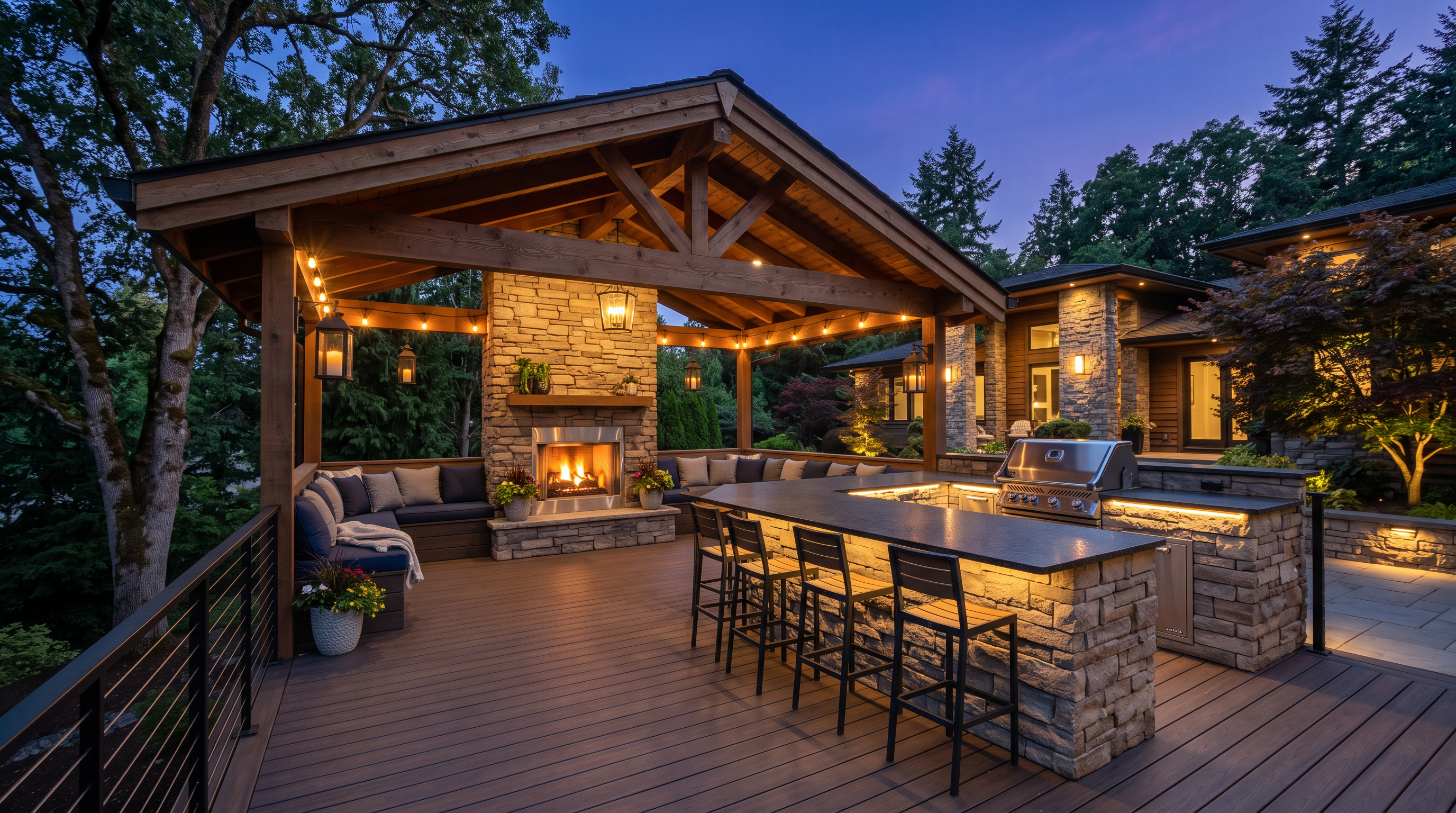 Covered porch with stone fireplace, mounted television and dining table