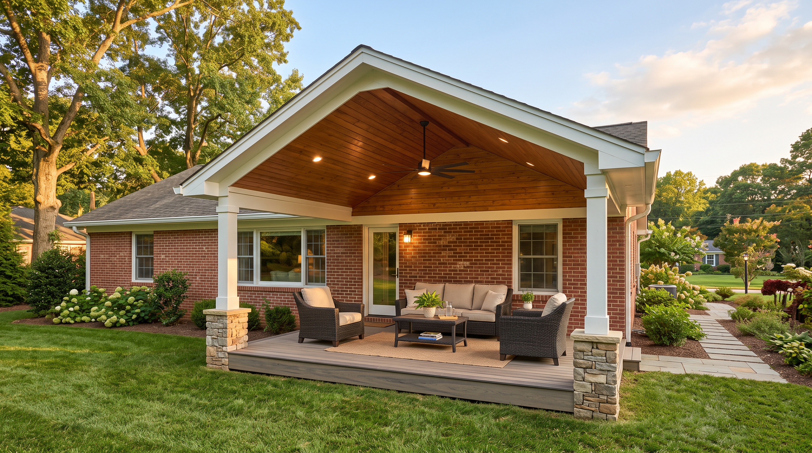 Outdoor kitchen with stainless grill and stone bar seating