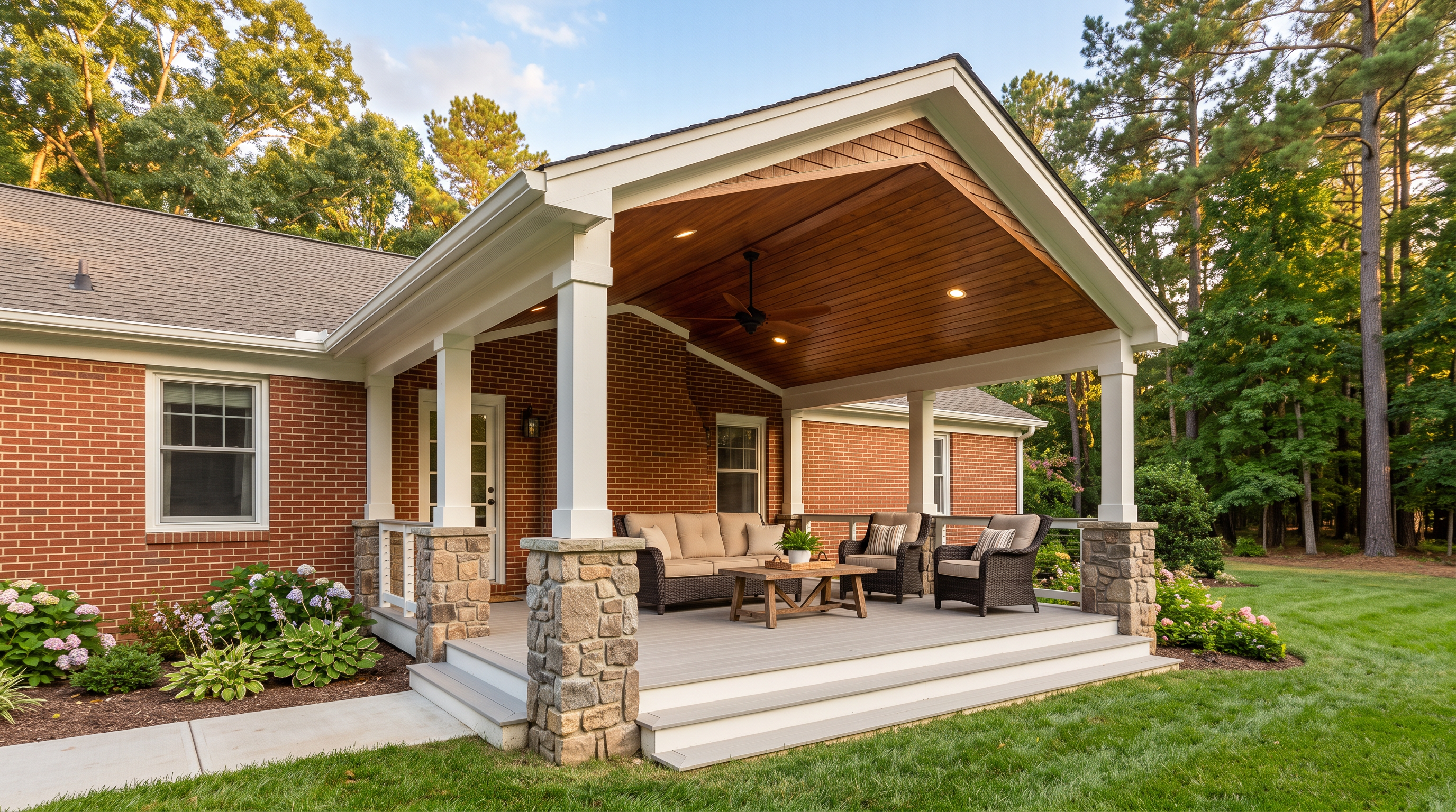 Screened porch interior with rug, sofa and steps down to a deck