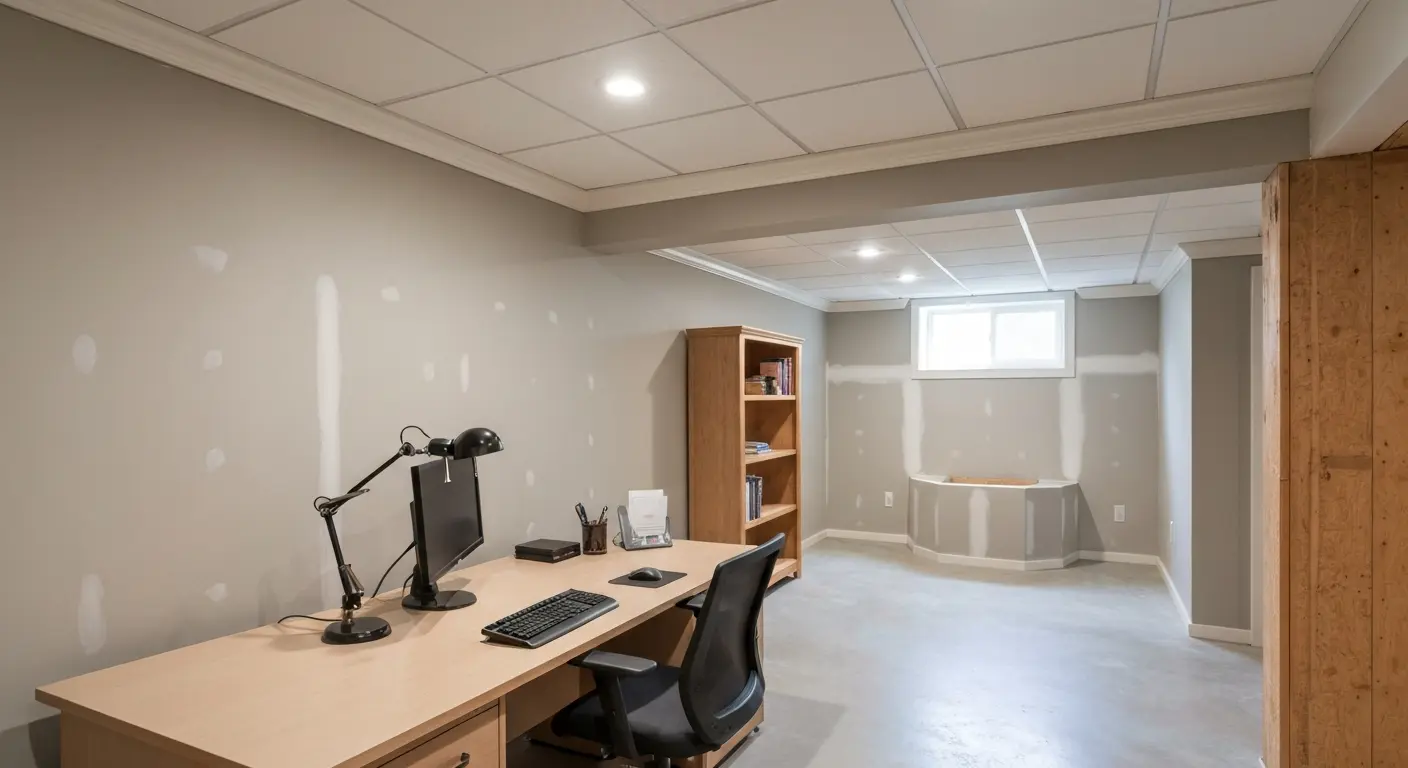 Modern home office in finished basement