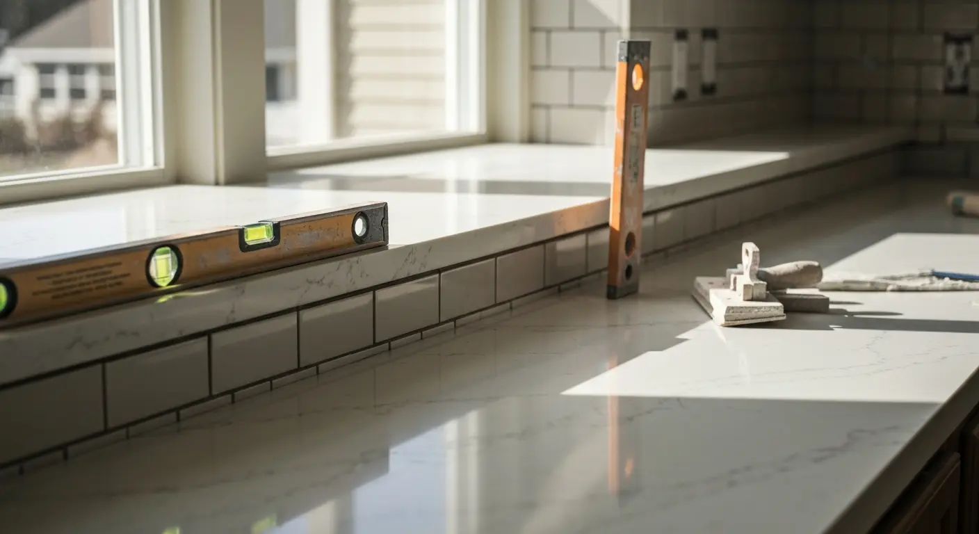 Quartz countertop and tile backsplash