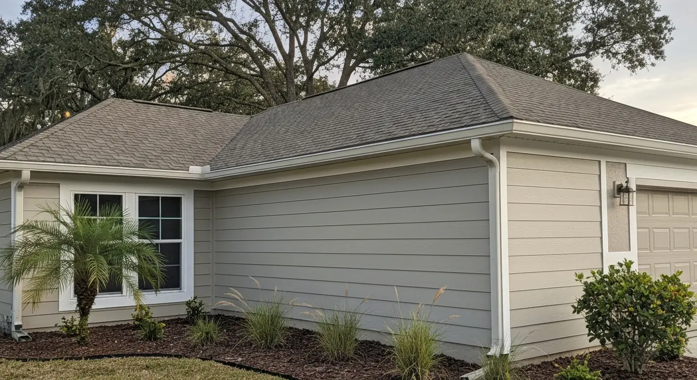 Exterior home rendering showing roofline and siding
