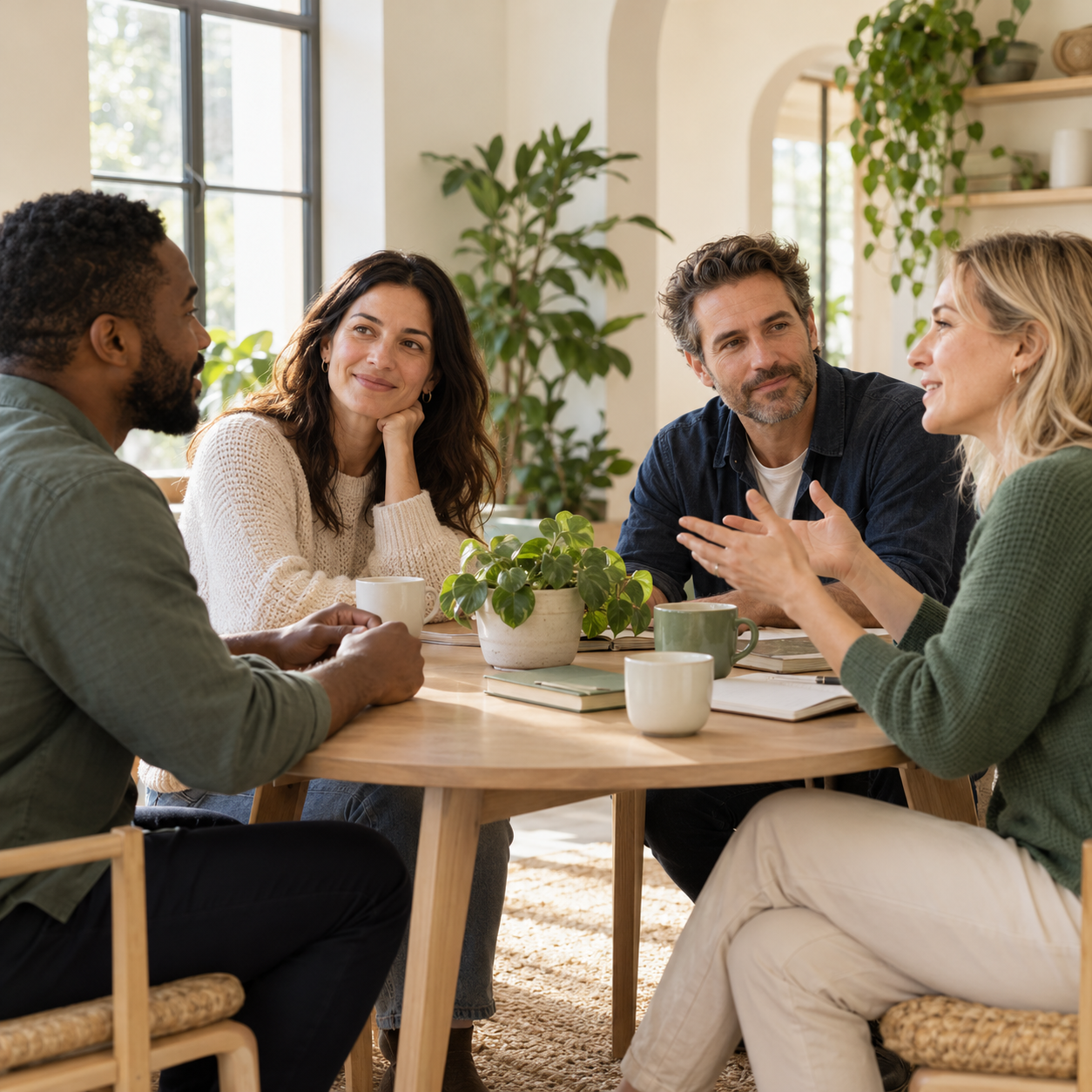 Four adults sharing a conversation in a welcoming group setting