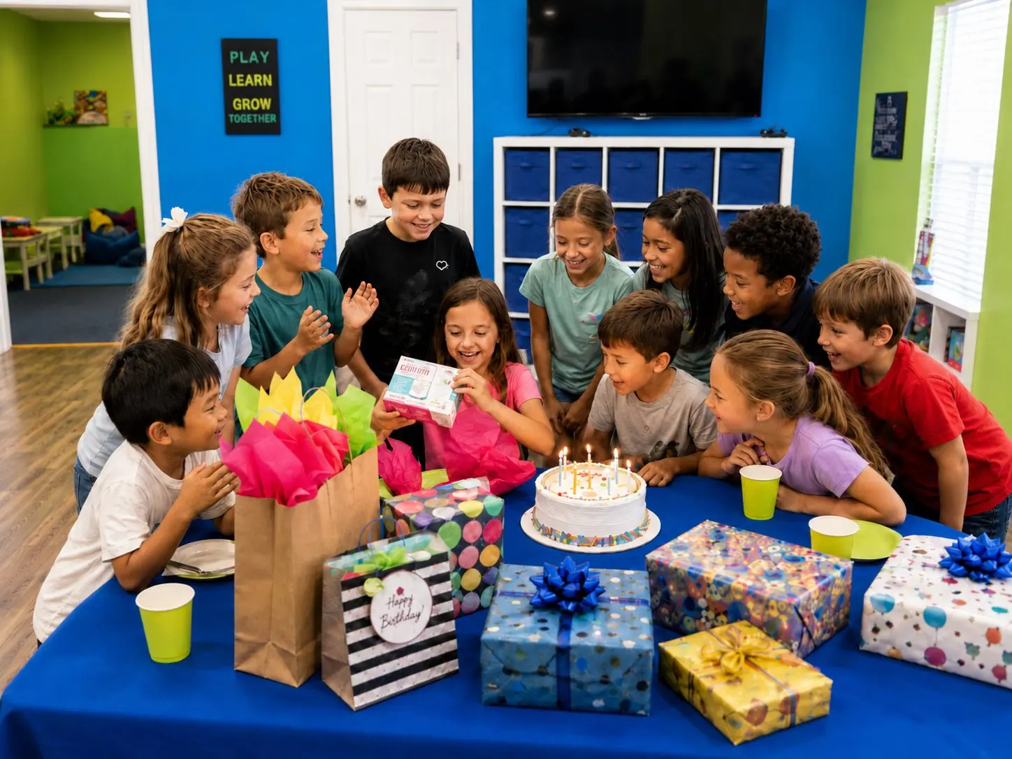 Birthday child opening presents with friends