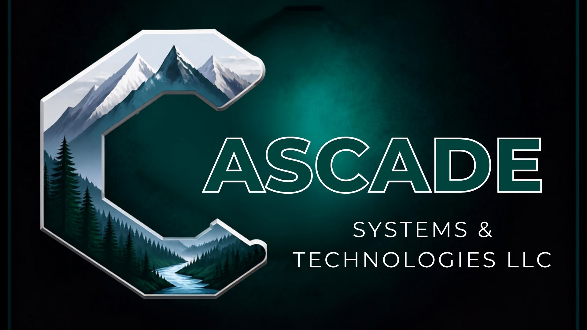 Cascade Systems & Technologies LLC banner with a mountain, forest, and river within the Cascade C
