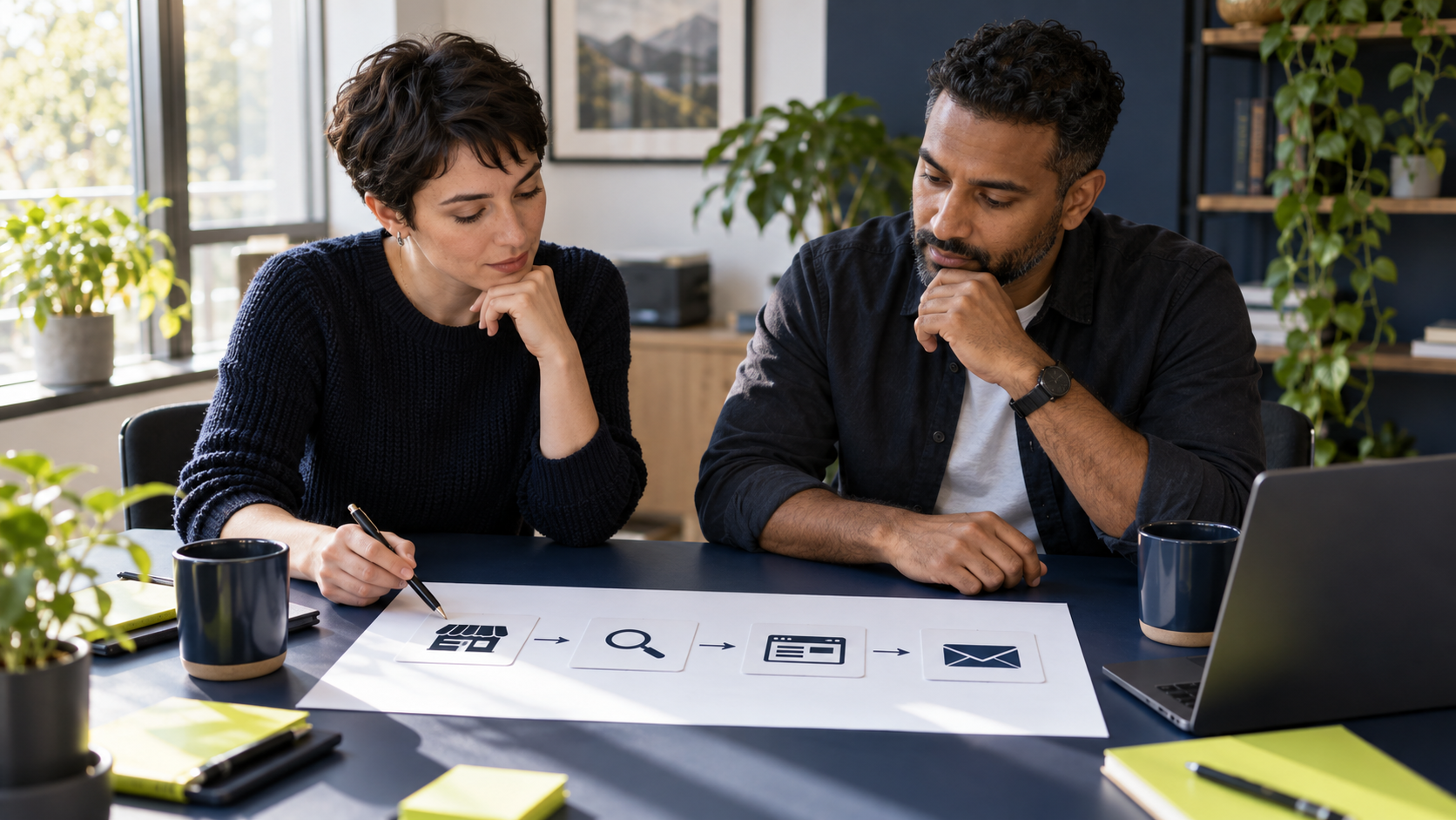 Two business colleagues mapping a customer search journey from service page to enquiry on a meeting table.