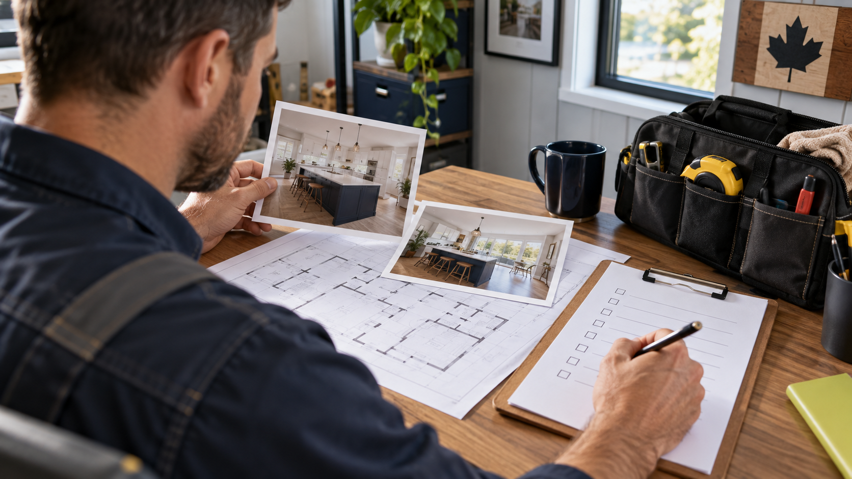 Contractor reviewing project photographs and a house plan beside a tool bag.