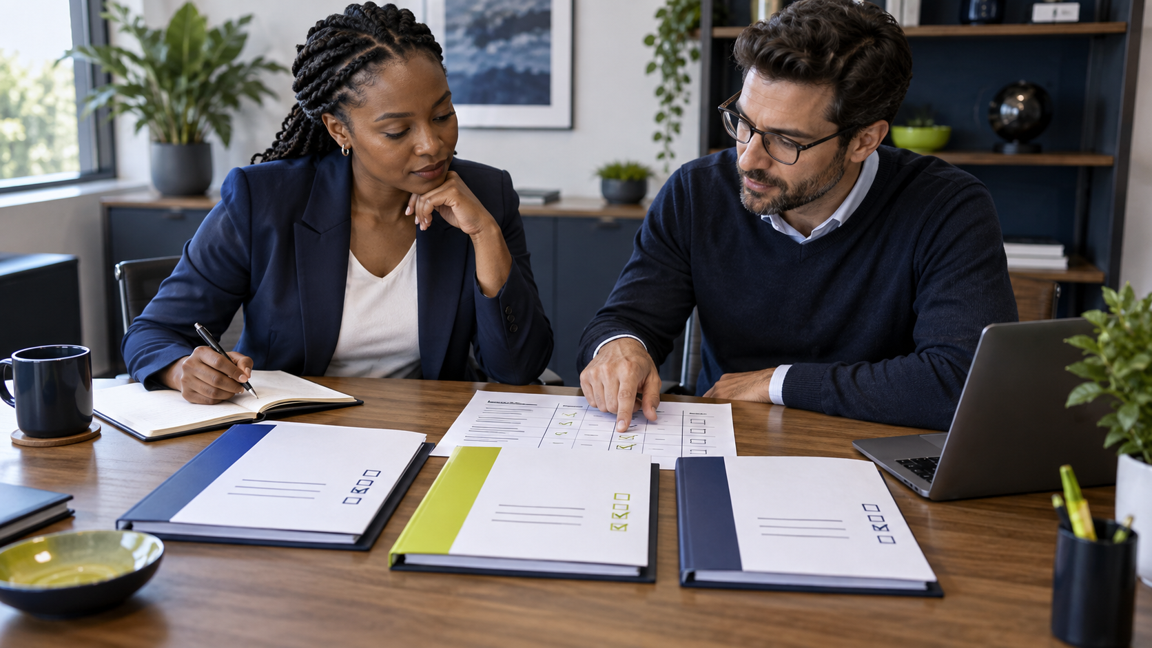 Business owner comparing proposal folders and a scope checklist with a consultant at a desk. Business owner comparing proposal folders and a scope checklist with a consultant at a desk.