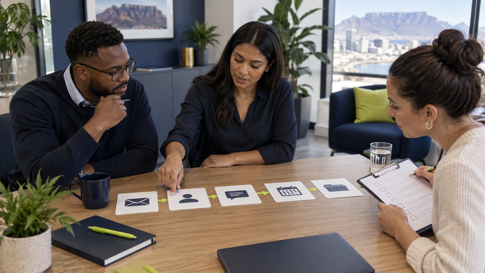 Small business team reviewing a five-stage enquiry workflow during a CRM pilot session.